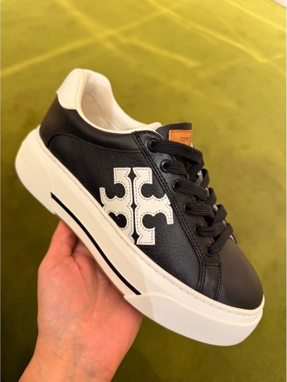 Tory Burch Color Block Platform Sneaker Bari Nappa Black White Leather Size 9M